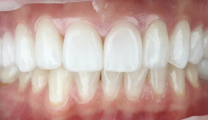 After veneers: Porcelain veneers to replace discoloured, uneven front teeth.